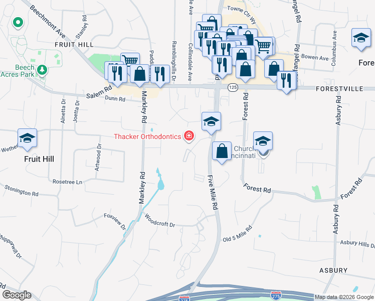 map of restaurants, bars, coffee shops, grocery stores, and more near 7343 Ridgepoint Drive in Cincinnati