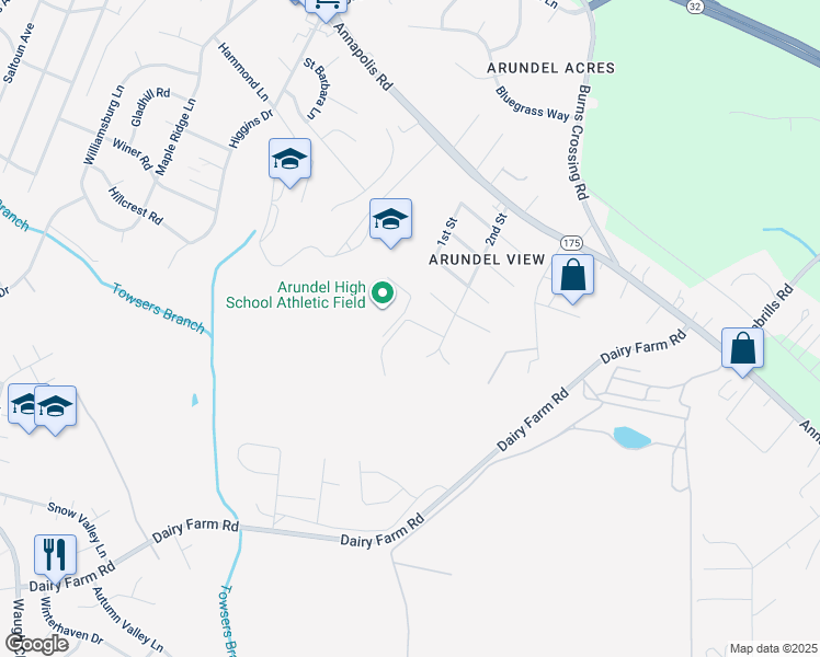 map of restaurants, bars, coffee shops, grocery stores, and more near 963 Fox Trot Road in Gambrills