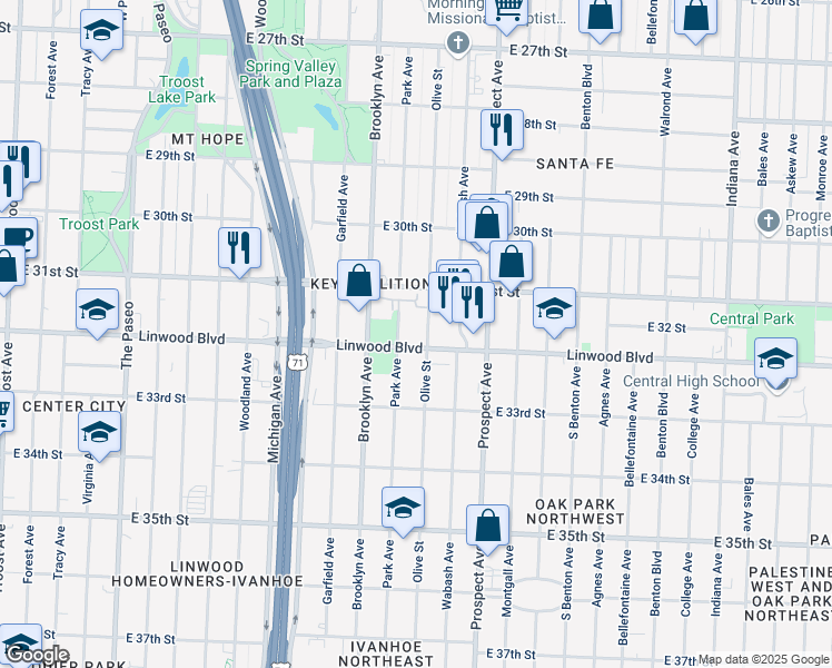 map of restaurants, bars, coffee shops, grocery stores, and more near 2340 Linwood Boulevard in Kansas City