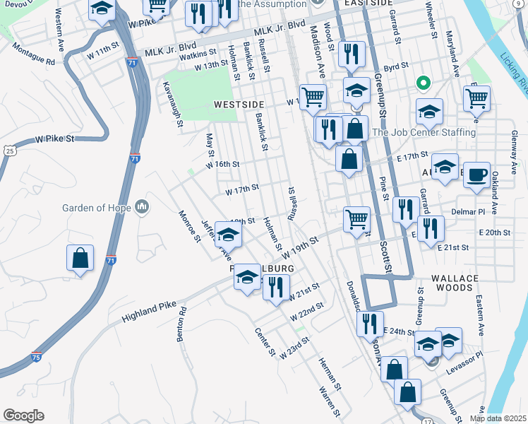map of restaurants, bars, coffee shops, grocery stores, and more near 1735 Holman Street in Covington