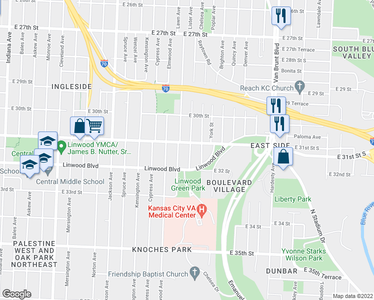 map of restaurants, bars, coffee shops, grocery stores, and more near 3112 Chelsea Avenue in Kansas City