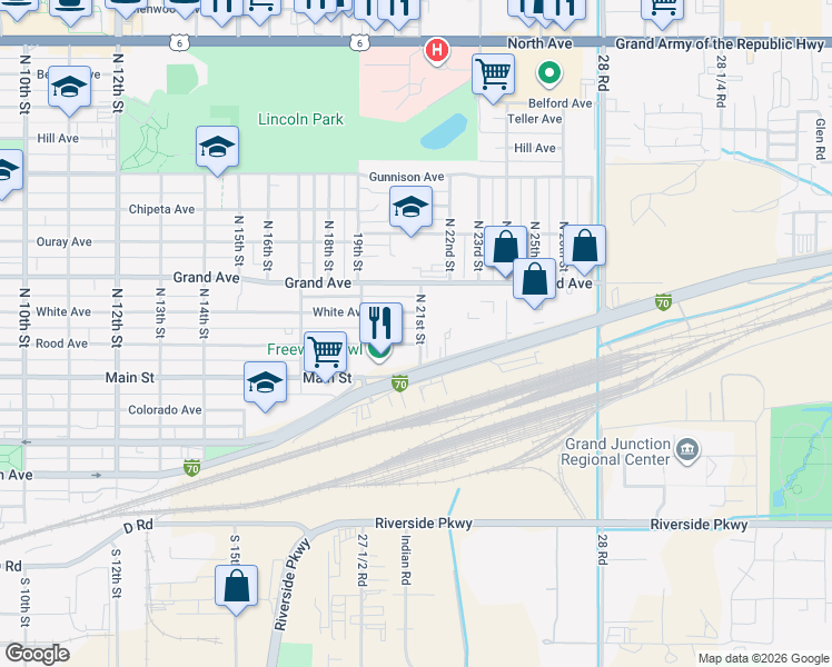 map of restaurants, bars, coffee shops, grocery stores, and more near 2015 White Avenue in Grand Junction