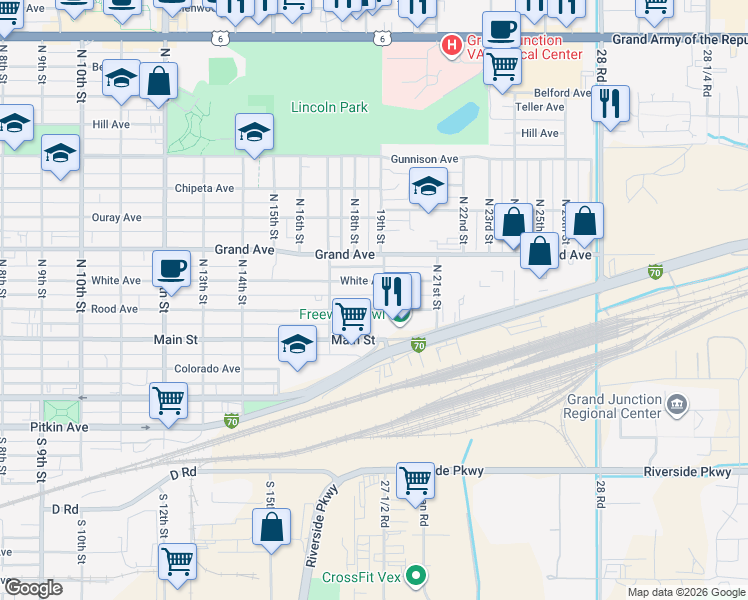 map of restaurants, bars, coffee shops, grocery stores, and more near 256 North 12th Street in Grand Junction