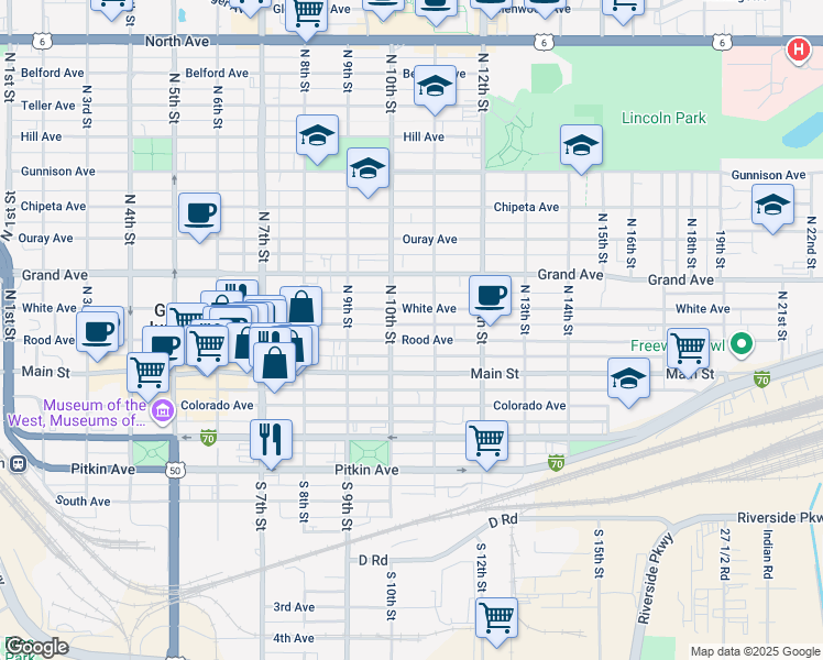 map of restaurants, bars, coffee shops, grocery stores, and more near 1035 White Avenue in Grand Junction