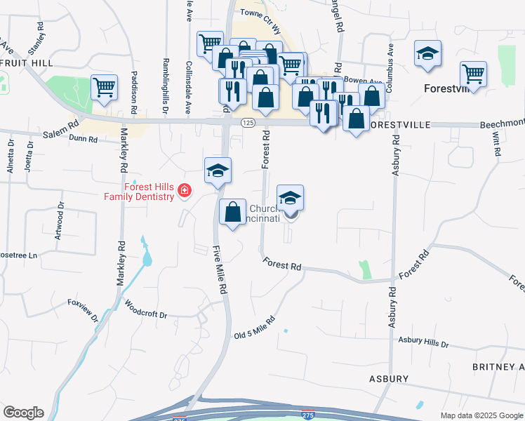 map of restaurants, bars, coffee shops, grocery stores, and more near 7596 Forest Road in Cincinnati