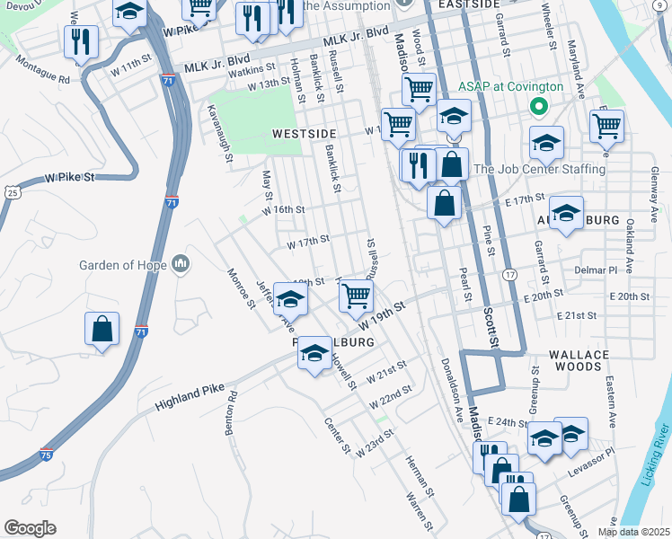 map of restaurants, bars, coffee shops, grocery stores, and more near 1722 Holman Street in Covington