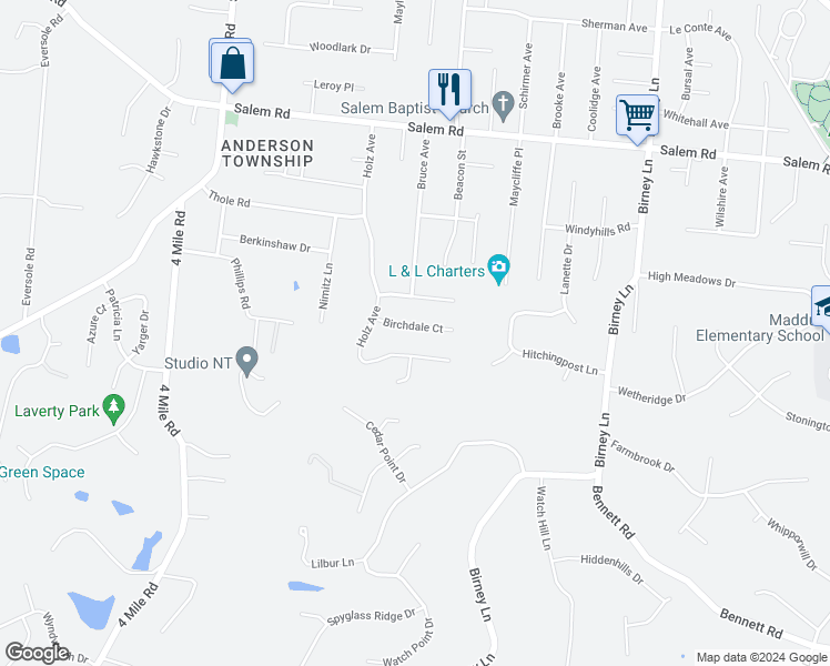 map of restaurants, bars, coffee shops, grocery stores, and more near 6343 Birchdale Court in Cincinnati