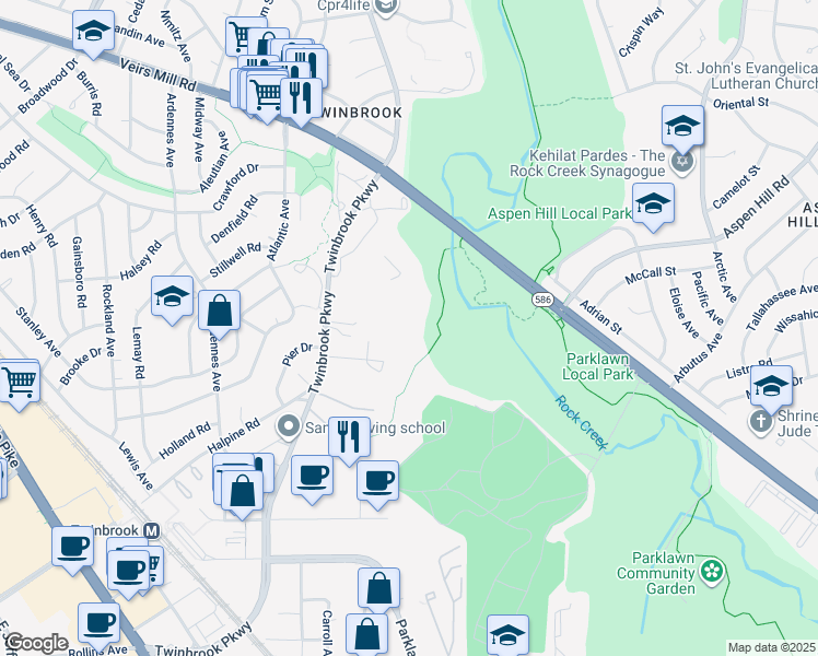 map of restaurants, bars, coffee shops, grocery stores, and more near 12907 Crookston Lane in Rockville