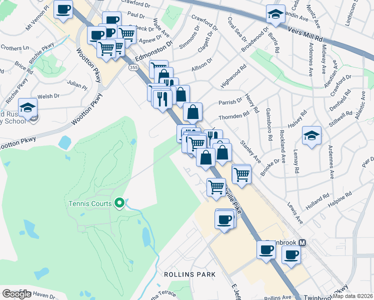 map of restaurants, bars, coffee shops, grocery stores, and more near 1319 Rockville Pike in Rockville