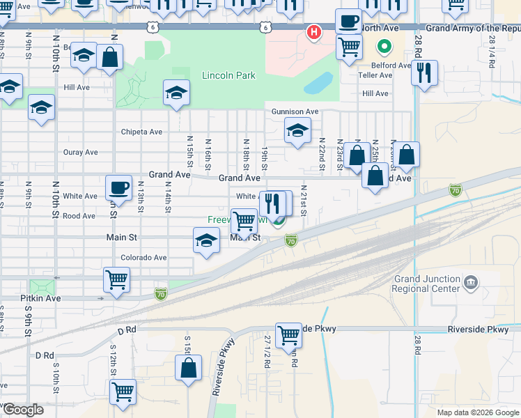 map of restaurants, bars, coffee shops, grocery stores, and more near 1905 White Avenue in Grand Junction
