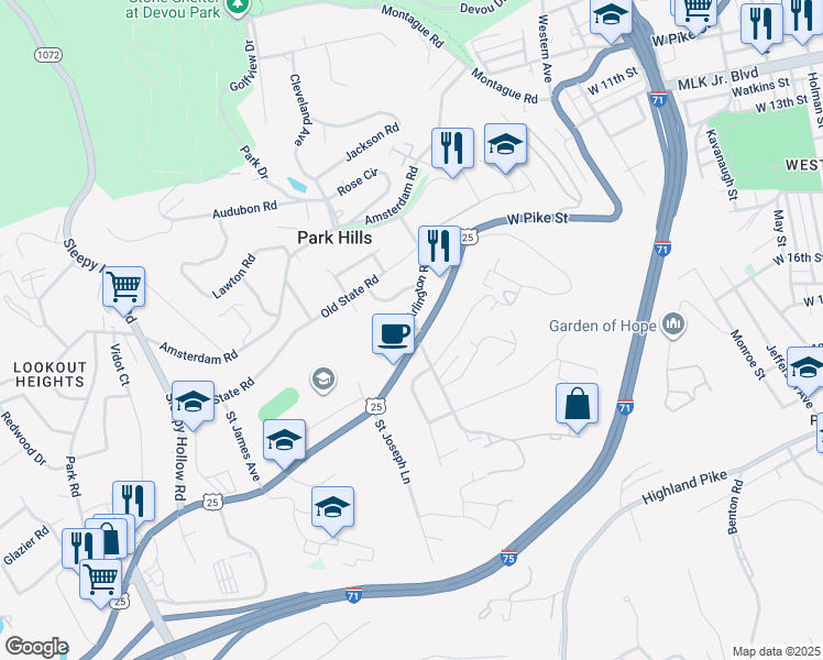 map of restaurants, bars, coffee shops, grocery stores, and more near 1500 Dixie Highway in Park Hills