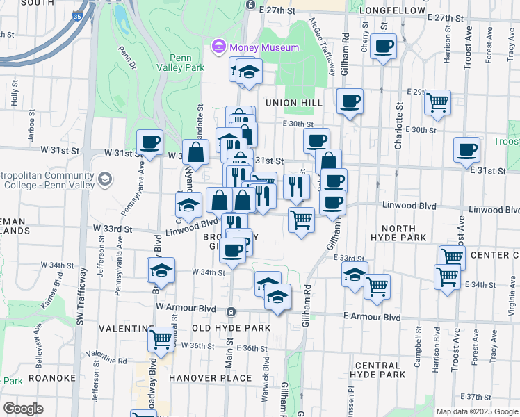 map of restaurants, bars, coffee shops, grocery stores, and more near 19 East 32nd Street in Kansas City