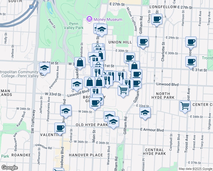 map of restaurants, bars, coffee shops, grocery stores, and more near 30 East Linwood Boulevard in Kansas City