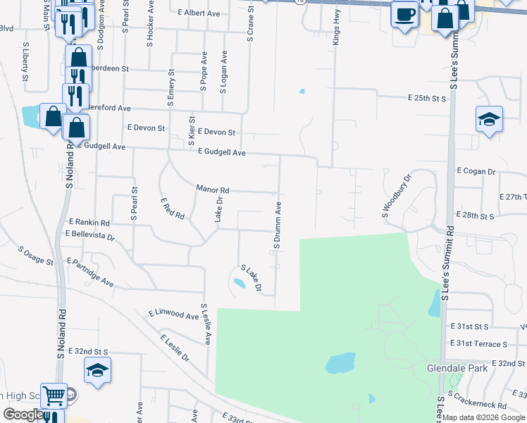 map of restaurants, bars, coffee shops, grocery stores, and more near 1710 South Lake Drive Court in Independence