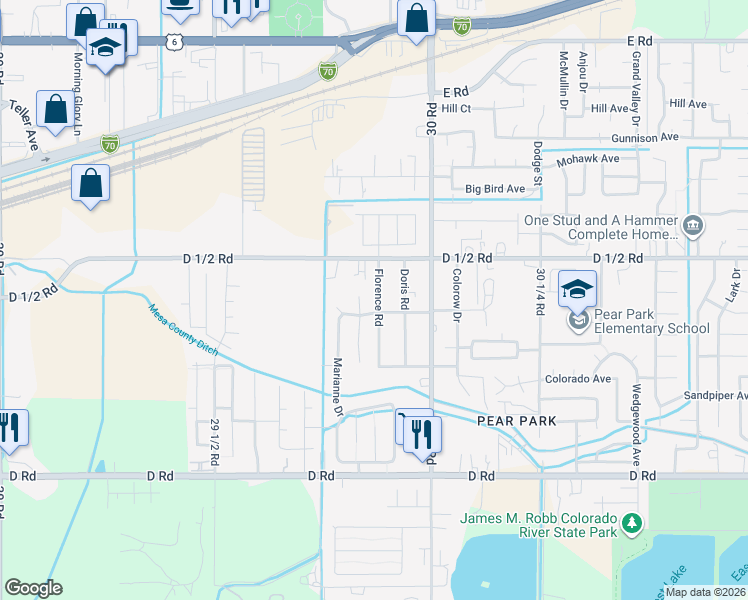 map of restaurants, bars, coffee shops, grocery stores, and more near 442 Placer Court in Grand Junction