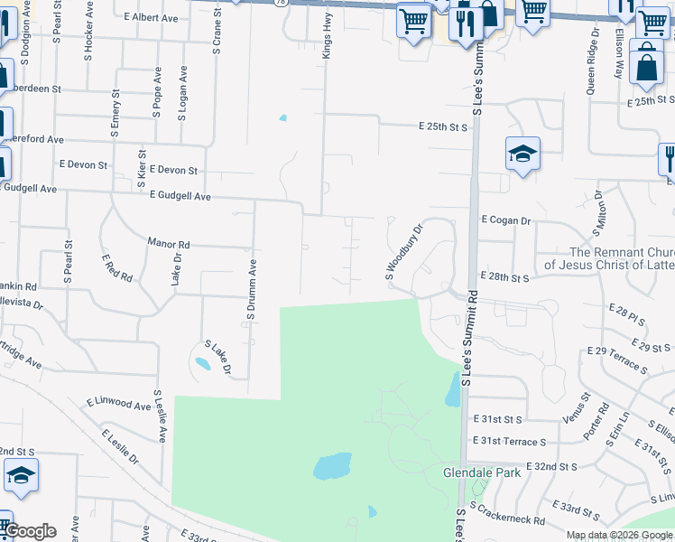 map of restaurants, bars, coffee shops, grocery stores, and more near 1708 1/2 Hands Street in Independence