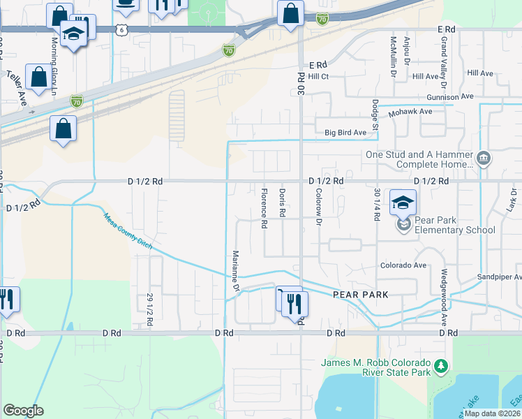 map of restaurants, bars, coffee shops, grocery stores, and more near 442 Placer Court in Grand Junction