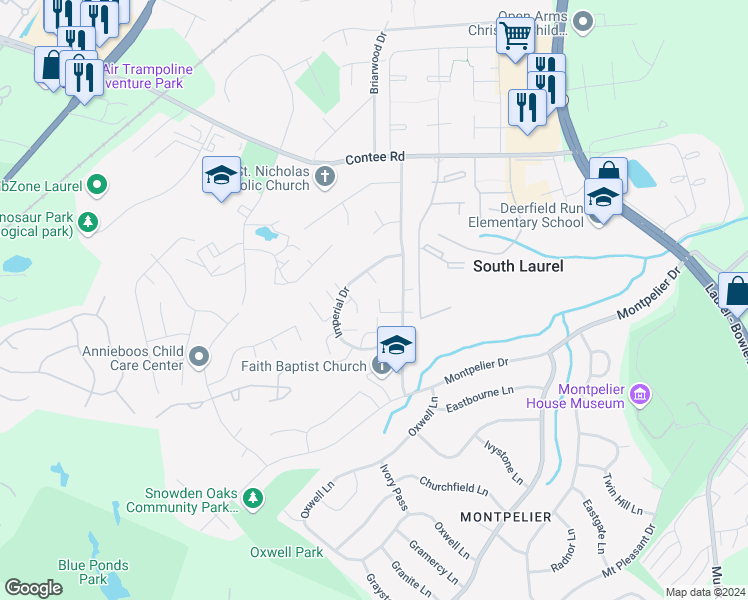 map of restaurants, bars, coffee shops, grocery stores, and more near 12936 Claxton Drive in Laurel