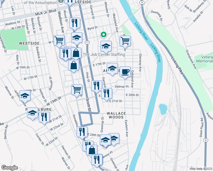 map of restaurants, bars, coffee shops, grocery stores, and more near 312 East 19th Street in Covington