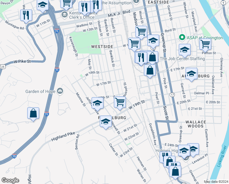 map of restaurants, bars, coffee shops, grocery stores, and more near 1722 Holman Street in Covington