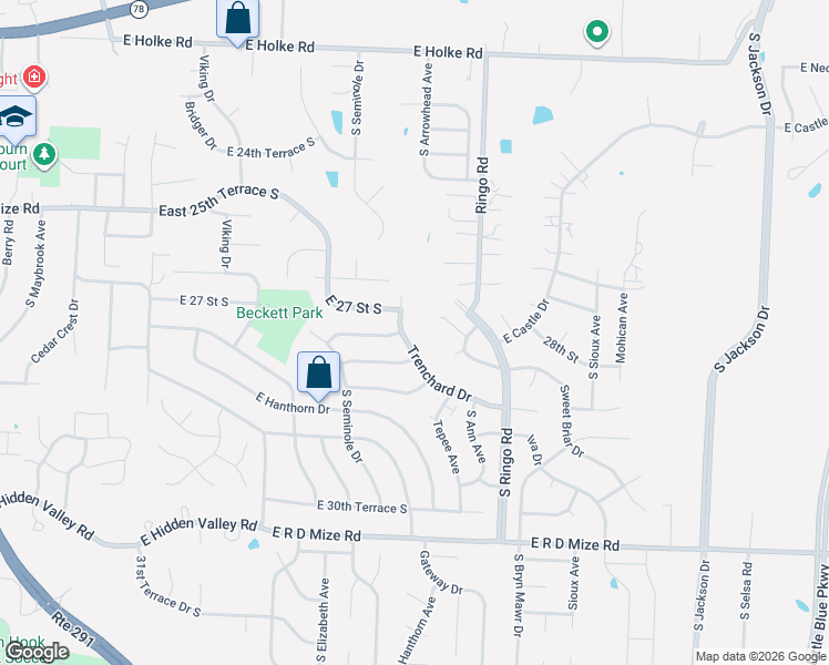 map of restaurants, bars, coffee shops, grocery stores, and more near 2717 Trenchard Drive in Independence