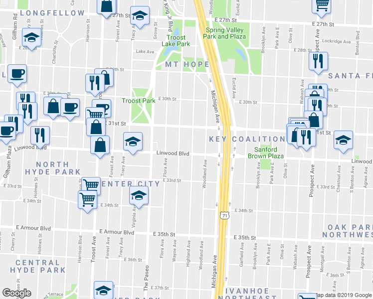 map of restaurants, bars, coffee shops, grocery stores, and more near 3128 Wayne Avenue in Kansas City