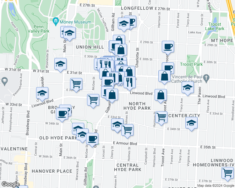 map of restaurants, bars, coffee shops, grocery stores, and more near 514 Linwood Boulevard in Kansas City