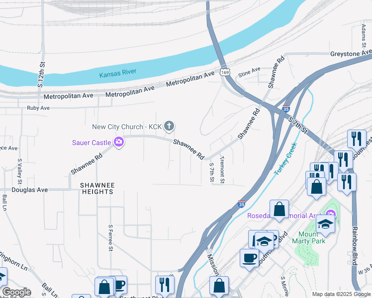 map of restaurants, bars, coffee shops, grocery stores, and more near 753 Shawnee Road in Kansas City