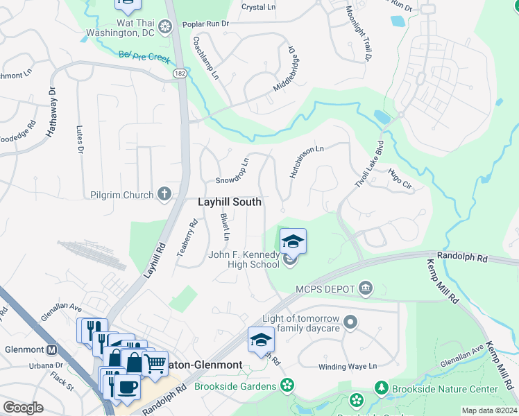 map of restaurants, bars, coffee shops, grocery stores, and more near 12912 Middlevale Lane in Silver Spring