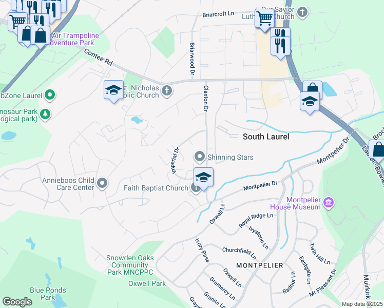 map of restaurants, bars, coffee shops, grocery stores, and more near 12936 Claxton Drive in Laurel