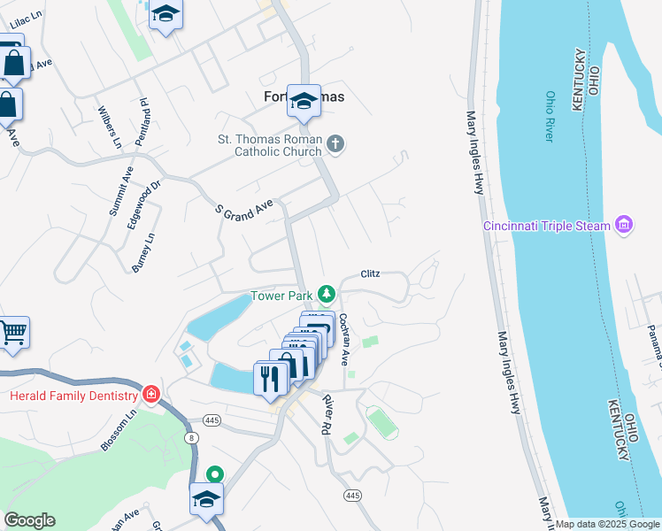 map of restaurants, bars, coffee shops, grocery stores, and more near 53 Rossmore Avenue in Fort Thomas