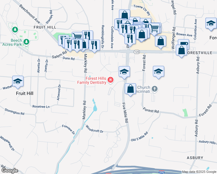map of restaurants, bars, coffee shops, grocery stores, and more near 7343 Ridgepoint Drive in Cincinnati