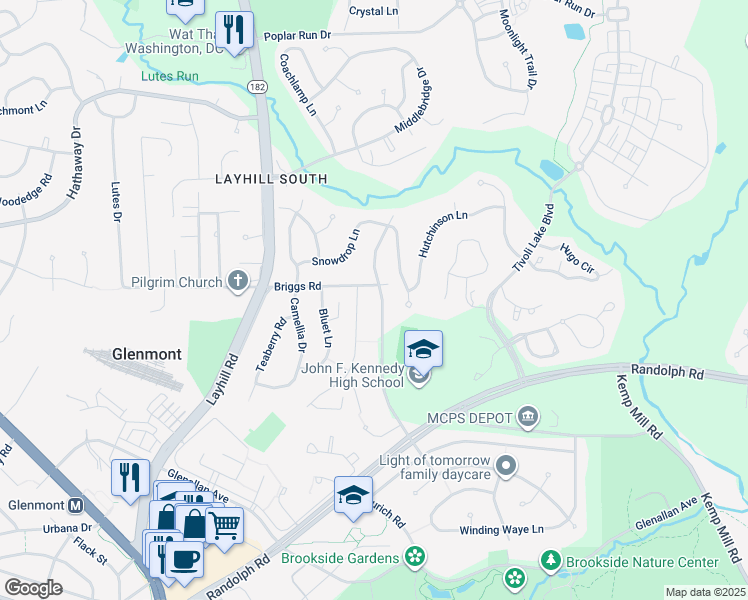 map of restaurants, bars, coffee shops, grocery stores, and more near 12912 Middlevale Lane in Silver Spring