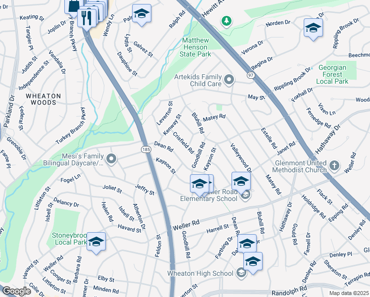 map of restaurants, bars, coffee shops, grocery stores, and more near 12910 Crisfield Road in Silver Spring
