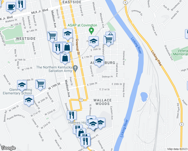 map of restaurants, bars, coffee shops, grocery stores, and more near 1900 Garrard Street in Covington