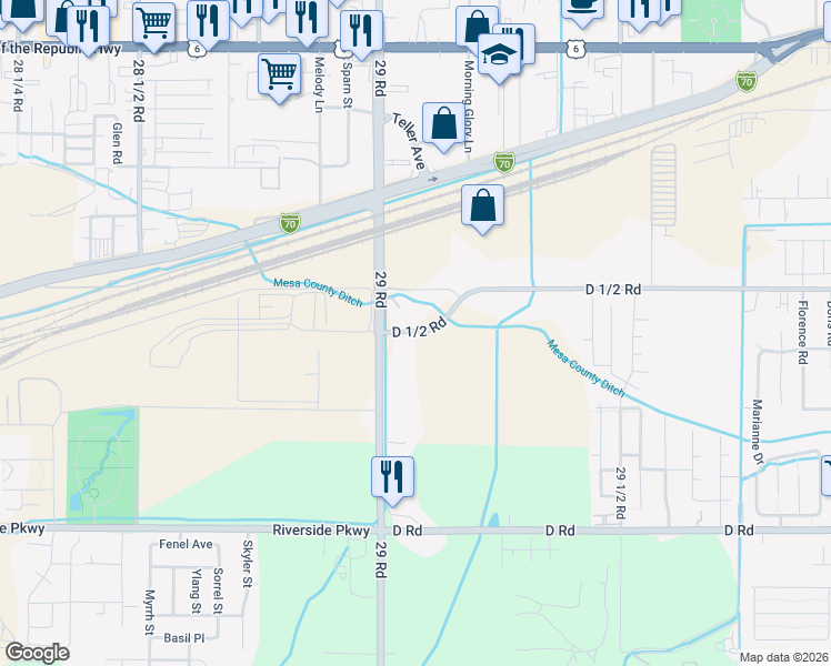 map of restaurants, bars, coffee shops, grocery stores, and more near 2837 D 1/2 Road in Grand Junction