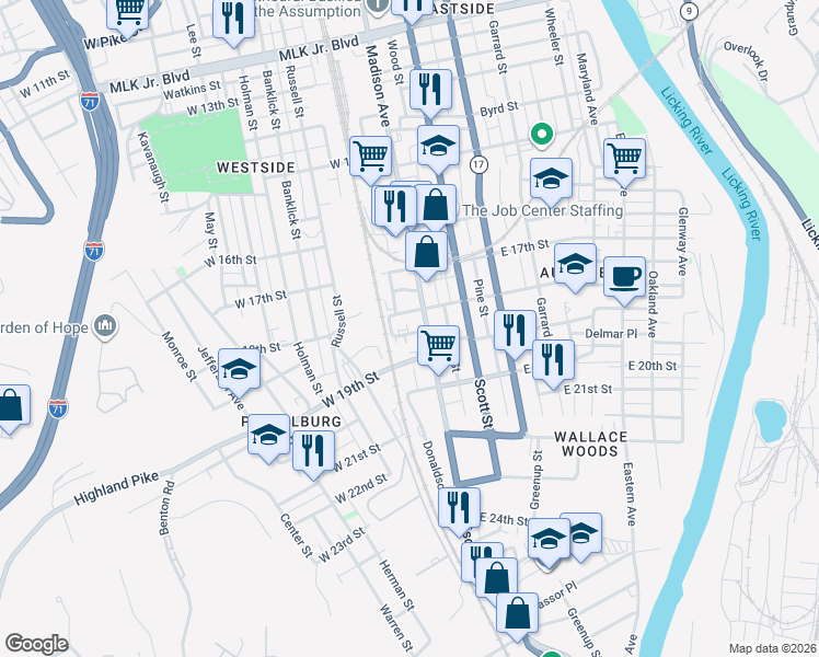 map of restaurants, bars, coffee shops, grocery stores, and more near 16 Shaler Street in Covington
