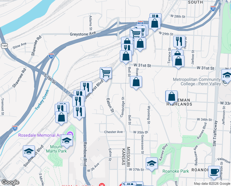 map of restaurants, bars, coffee shops, grocery stores, and more near 114 Cambridge Street in Kansas City
