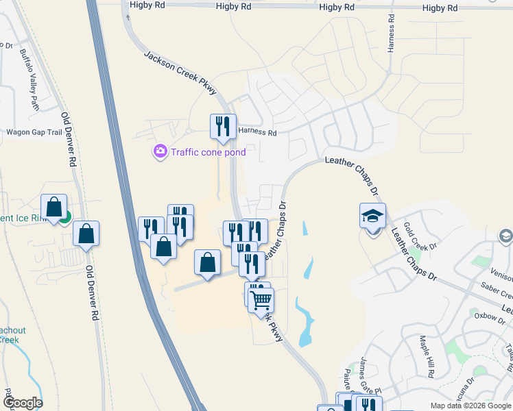 map of restaurants, bars, coffee shops, grocery stores, and more near 16112 Old Forest Point in Monument
