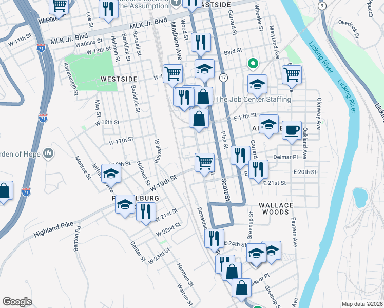 map of restaurants, bars, coffee shops, grocery stores, and more near 16 Shaler Street in Covington