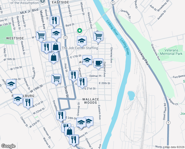 map of restaurants, bars, coffee shops, grocery stores, and more near 1902 Maryland Avenue in Covington