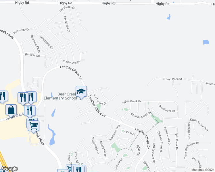 map of restaurants, bars, coffee shops, grocery stores, and more near 578 Larimer Creek Drive in Monument