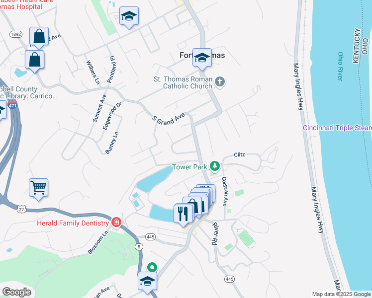 map of restaurants, bars, coffee shops, grocery stores, and more near 90 South Crescent Avenue in Fort Thomas