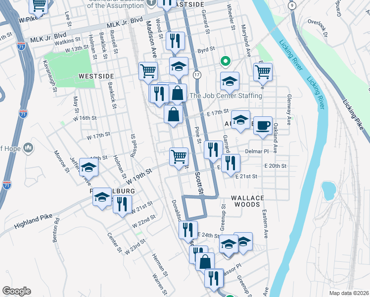 map of restaurants, bars, coffee shops, grocery stores, and more near 1814 Pearl Street in Covington