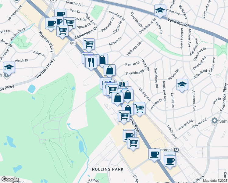 map of restaurants, bars, coffee shops, grocery stores, and more near 1298 Rockville Pike in Rockville