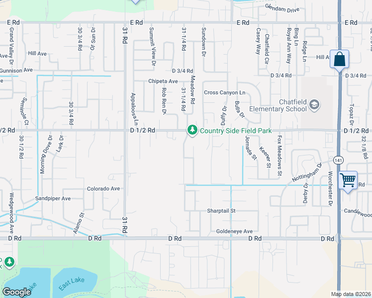 map of restaurants, bars, coffee shops, grocery stores, and more near 447 Mountainside Lane in Grand Junction