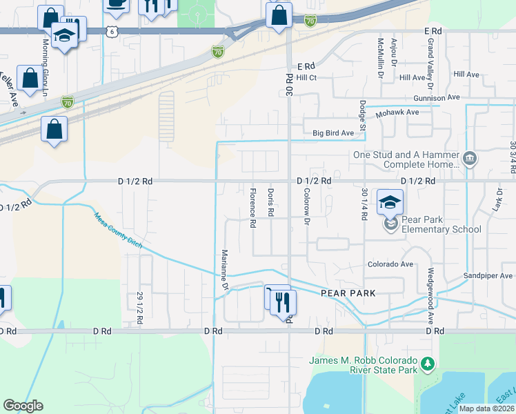 map of restaurants, bars, coffee shops, grocery stores, and more near 443 Doris Road in Grand Junction