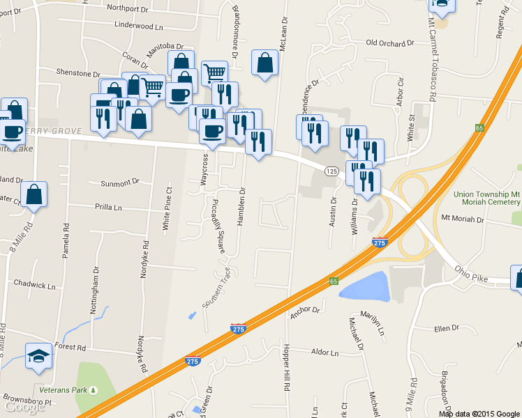 map of restaurants, bars, coffee shops, grocery stores, and more near 3979 Maplefield Court in Cincinnati