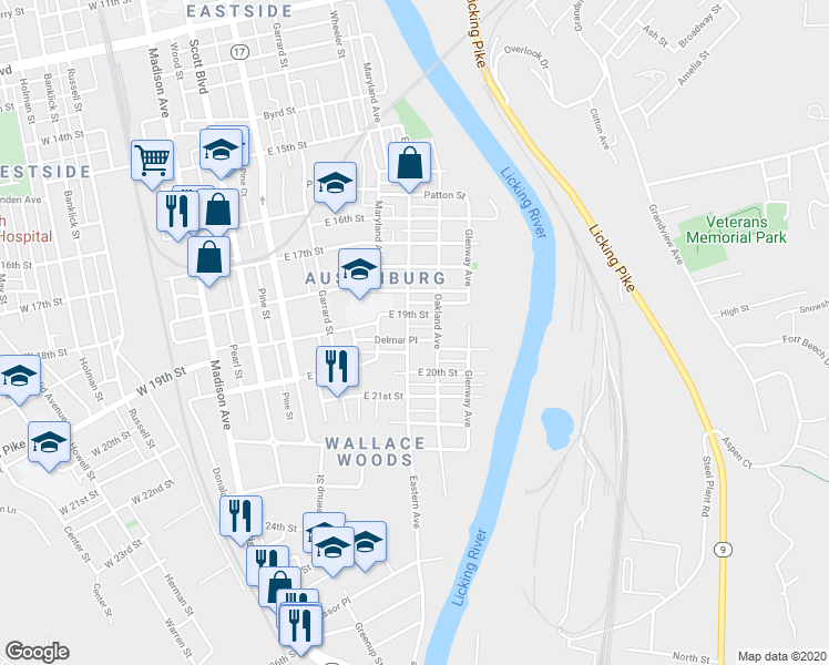 map of restaurants, bars, coffee shops, grocery stores, and more near 511 East 19th Street in Covington