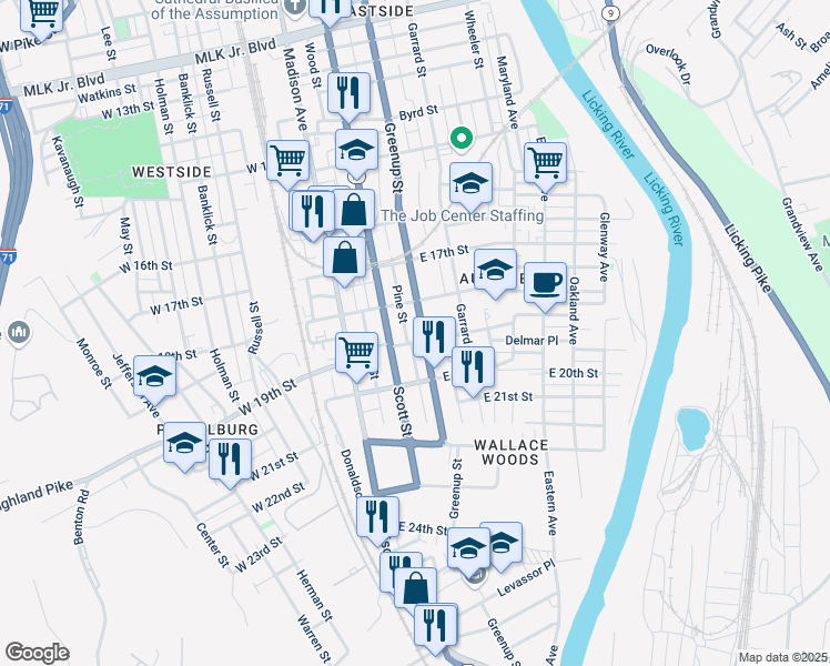 map of restaurants, bars, coffee shops, grocery stores, and more near 1817 Greenup Street in Covington